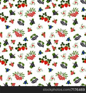 Berry seamless pattern. Fashion print. Mountain ash, strawberry, blueberry, red currant, rowan, viburnum and black chokeberry. Design for textile or clothes. Vector organic healthy food. Doodle sketch