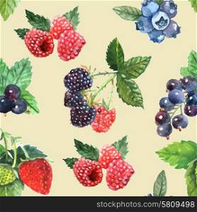 Berry seamless pattern with strawberry raspberry black currant vector illustration. Berry Seamless Pattern
