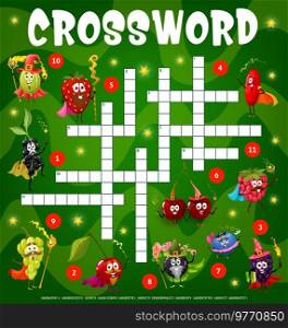 Berry wizard, mage, warlock and fairy funny characters. Crossword grid. Find a word quiz game, kids playing activity vector worksheet with gooseberry, strawberry and blackcurrant, grape, cherry. Berry wizard funny characters crossword grid game