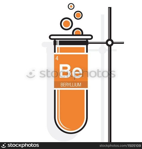 Beryllium symbol on label in a orange test tube with holder. Element number 4 of the Periodic Table of the Elements - Chemistry