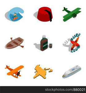 Best adventure icons set. Isometric set of 9 best adventure vector icons for web isolated on white background. Best adventure icons set, isometric style