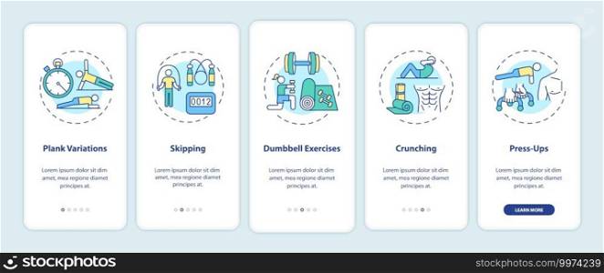 Best at home workouts onboarding mobile app page screen with concepts. Plank variations, skipping, crunching walkthrough 5 steps graphic instructions. UI vector template with RGB color illustrations. Best at home workouts onboarding mobile app page screen with concepts
