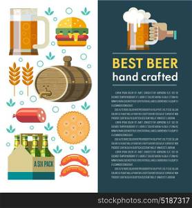 Best beer hand crafted. Vector illustration. Set of design elements. Beer mug, keg of beer, sausages, wheat, biscuits, packaging of bottled beer.