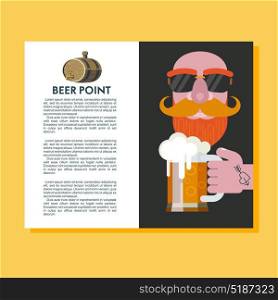Best beer handmade. Colorful vector illustration with place for text. A bald man with a beard in sunglasses and a beer at the tattooed hand.