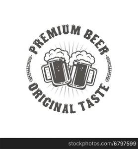 Best Beer. Vintage craft beer retro design element, two beer mugs isolated on white background. Vector illustration.