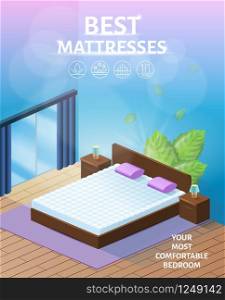 Best Best Orthopedic Mattress for Healthy Sleeping Isometric Vector Advertising Banner or Flyer with New, Breathable and Clean Double Mattress on Comfortable Bed in Cozy Bedroom Interior Illustration