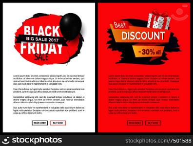 Best Black Friday promo sellouts of shops vector. Present in box wrapped in paper on web poster with text. Banner with special prices and sale, balloon. Best Black Friday Prices and Sellouts of Shops