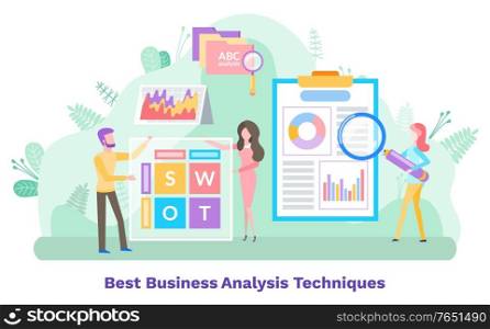 Best business analysis techniques, woman holding loupe, diagram report. File icon and brainstorming with words, people creativity, experience vector. People Brainstorming, Analysis Techniques Vector