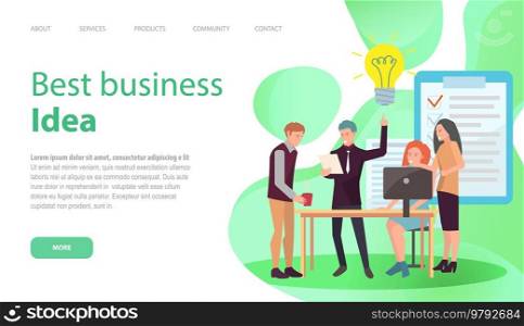 Best business idea concept. Marketing strategy, team develops solutions, create new business plan. People near presentation with list of ideas, man holding light bulb. Webpage template, landing page. Best business idea concept. Marketing strategy, team develops solutions, create new business plan