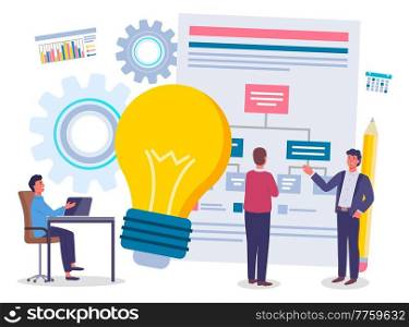 Best business idea vector illustration. People office workers generate development activities and ideas, light bulb and plan diagram. Marketing strategy concept, business team develops solutions. Best business idea illustration. People office workers generate development activities and ideas