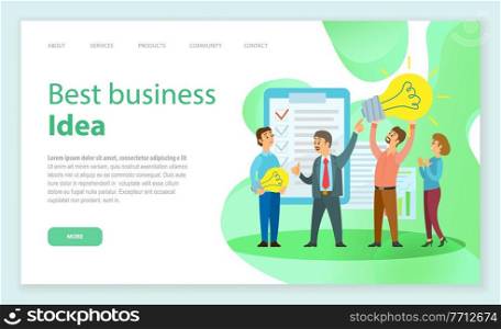 Best business idea website vector. Marketing strategy concept, business team develops solutions. People near the presentation with a list of ideas, a man is holding a light bulb. Webpage template. Best business idea website vector. Marketing strategy concept, business team develops solutions
