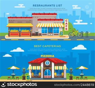 Best cafeterias and restaurants list banners with nice colorful cafe and pizzeria buildings on city background flat vector illustration. Best Cafeterias And Restaurants List Flat Banners