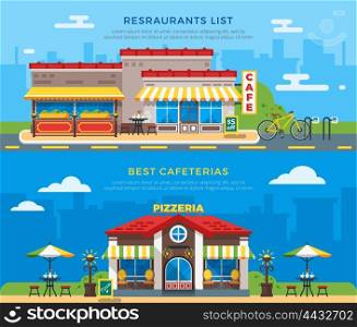 Best Cafeterias And Restaurants List Flat Banners. Best cafeterias and restaurants list banners with nice colorful cafe and pizzeria buildings on city background flat vector illustration