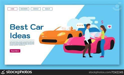 Best car ideas landing page vector template. Dealership website interface idea with flat illustrations. Automobile showroom homepage layout. Shopping web banner, webpage cartoon concept