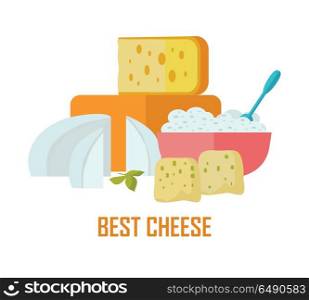 Best cheese banner. Natural Farm Food.. Best cheese banner. Different varieties of cheese pieces on white background. Natural farm food. Dairy product. Retail store poster. Vector illustration in flat style. Dairy website template.
