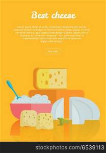Best cheese banner. Natural Farm Food.. Best cheese banner. Different varieties of cheese pieces on orange background. Natural farm food. Dairy product. Retail store poster. Vector illustration in flat style. Dairy website template.