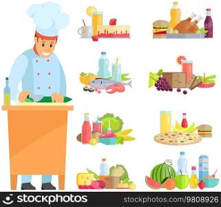 Best chef logo chef stands with cutting board and knife. Man prepares dish, cuts cucumber, vegetable for salad. Chef works with kitchen equipment to prepare food. Cook cuts ingredients to healthy meal. Man with knife preparing cucumber, vegetable for salad. Cook cuts ingredients to healthy meal