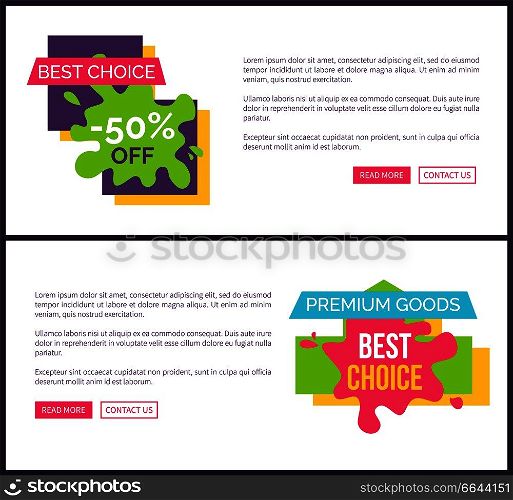 Best choice -50  off, premium goods, web pages collection including text, headlines placed in frames and pink buttons on vector illustration. Best Choice -50  Off Web on Vector Illustration