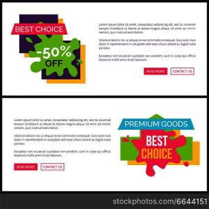 Best choice -50  off, premium goods, web pages collection including text, headlines placed in frames and pink buttons on vector illustration. Best Choice -50  Off Web on Vector Illustration