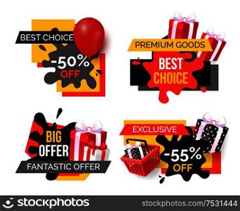 Best choice and premium goods, sale banners isolated set vector. Offers of shops, labels with balloons and presents in boxes with bow made of ribbon. Best Choice and Premium Goods, Sale Banners Set