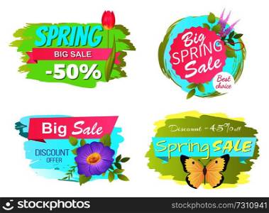 Best choice big spring big sale discounts 50 posters set with decorative labels with butterfly and springtime flowers blossom, purple crocus and tulip. Spring Big Sale Discounts 50 Posters Set Labels