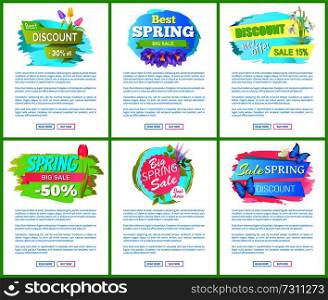 Best choice big spring sale advertisement tag labels with tulip crocus snowdrop lavender flowers on sticker, vector springtime advertisement butterfly. Best Choice Big Spring Sale Adver Tag Label Poster