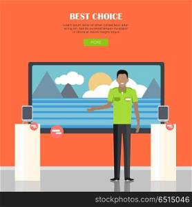 Best Choice Concept. Best choice concept. Smiling man in green shirt standing near counter of electronics store. People shopping, marketing people, customer in mall, retail store illustration. People in market interior.