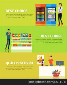 Best Choice Concept. Quality Service Concept. Best choice concept. Quality service concept. People shopping, marketing people, customer in mall, retail store illustration. People in supermarket interior. Website template. Banner set