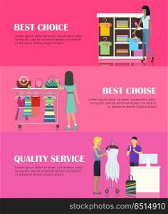Best Choice Concept. Quality Service Concept. Quality service concept. Best choice concept. Women make her purchases in clothing and accessories shop. People shopping, marketing people, customer in mall, retail store illustration.