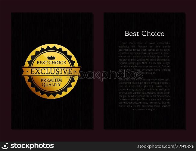 Best choice high quality stamp golden label reward award vector illustration in black and gold colors emblem isolated on wooden natural background. Best Choice High Quality Stamp Golden Label Reward