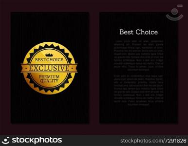 Best choice high quality stamp golden label reward award vector illustration in black and gold colors emblem isolated on wooden natural background. Best Choice High Quality Stamp Golden Label Reward