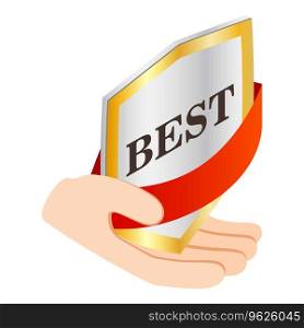 Best choice icon isometric vector. Best quality sign shield in human hand icon. Quality concept. Best choice icon isometric vector. Best quality sign shield in human hand icon