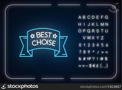 Best choice neon light icon. Outer glowing effect. Sign with alphabet, numbers and symbols. Brand equity, image. Luxurious banner ribbon with stars vector isolated RGB color illustration