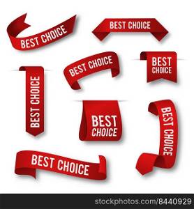 Best choice set. Red ribbons, tags, promo labels, sale banners. Can be used for special offer, retail, marketing, customer satisfaction concept