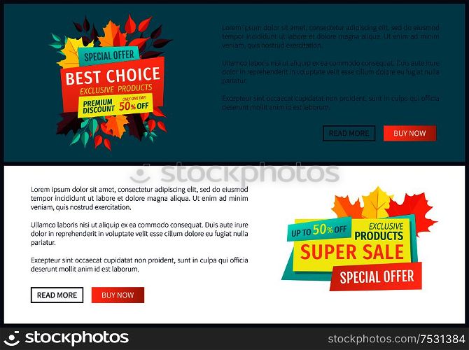 Best choice super sale poster with text sample set. Exclusive product autumnal premium quality. Hot price of goods shopping on reduced prices vector. Best Choice Super Sale Poster Vector Illustration