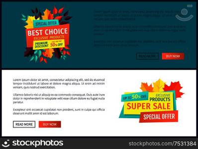 Best choice super sale poster with text sample set. Exclusive product autumnal premium quality. Hot price of goods shopping on reduced prices vector. Best Choice Super Sale Poster Vector Illustration