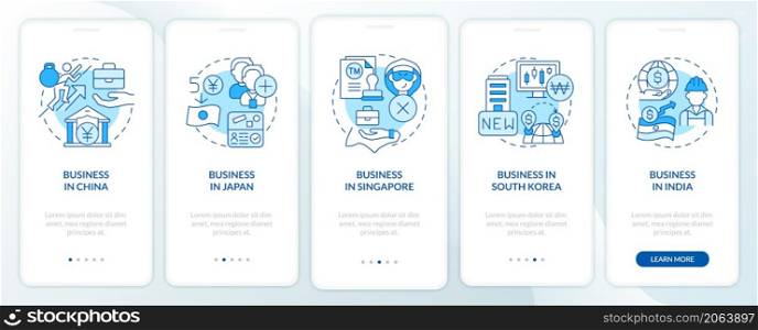Best countries for doing business blue onboarding mobile app screen. Walkthrough 5 steps graphic instructions pages with linear concepts. UI, UX, GUI template. Myriad Pro-Bold, Regular fonts used. Best countries for doing business blue onboarding mobile app screen