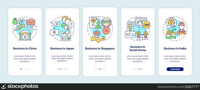 Best countries to start business in onboarding mobile app screen. Walkthrough 5 steps graphic instructions pages with linear concepts. UI, UX, GUI template. Myriad Pro-Bold, Regular fonts used. Best countries to start business in onboarding mobile app screen
