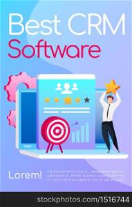 Best CRM software poster flat vector template. Businessman keeps star. Arrow in target. Brochure, booklet one page concept design with cartoon characters. Marketing automation flyer, leaflet