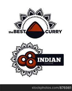 Best curry Indian cuisine poster with sauce vector. Spices and special mandala of India, cultural heritage saved in Cook traditions and food. Meal meat balls, ingredients cookery legacy of people. Best curry Indian cuisine poster with sauce vector
