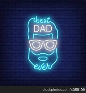 Best Dad Ever neon style icon. Male face and lettering on brick background. Congratulation, greeting card, emblem. Fathers Day concept. For topics like holiday, celebration, web design