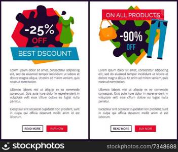Best discount 25 promotional emblem dress and total sale label with trousers. Price off on female elegant clothing vector web page poster design. Best Discount Off Promotional Emblem Web Posters
