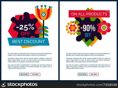 Best discount 25 , total sale 90 promo sticker with cartoon style flower, geometric shapes spring price off label template vector online posters set. Best Discount Promo Posters Set Cartoon Flower