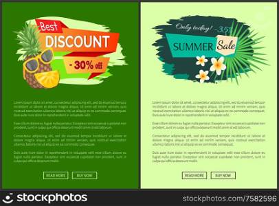 Best discount 30 and 35 percent of summer sale web pages with pineapple in sunglasses, palm tree leaves and exotic tropical flowers vector promo posters. Best Discount 35 Percent of Summer Sale Web Pages