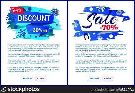 Best discount -30  off winter 2017 final sale 70  label with snowballs and snowflakes on abstract blue background isolated seasonal vector posters set. Best Discount 30 Off Winter 2017 Final Sale labels