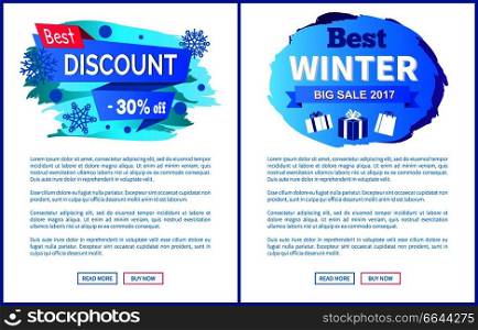 Best discount -30% off winter 2017 sale label with snowballs and snowflakes on abstract blue background isolated on white seasonal vector posters set. Best Discount -30% Off Winter Sale Labels Posters