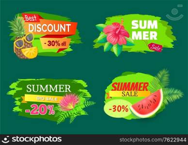 Best discount 30 percent banners vector. Tropical flowers and watermelon, propositions and selling out of products. Summer sale of goods, palm leaves. Best Discount 30 Percent Set Vector Illustration