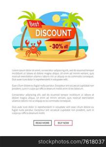 Best discount 30 percent off advertisement label with cartoon crab among palm trees at coastline web online poster. Vector omar at sea, hot summer sale. Best Discount 30 Percent Off Advertisement Label