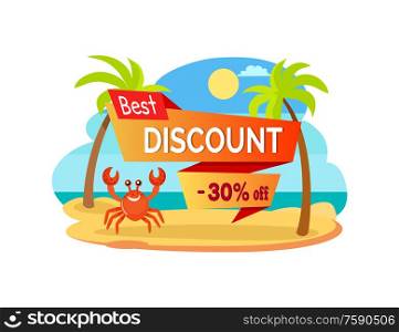 Best discount 30 percent off advertisement label with cartoon crab among palm trees at coastline. Vector omar at sea, hot summer sale promo sticker. Best Discount 30 Percent Off Advertisement Label
