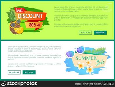 Best discount 30 percent off promo poster with cute pineapple in sunglasses and summertime label with flowers and sunglasses vector advertisement. Web Sale Advertisement Stickers Fruits and Flowers
